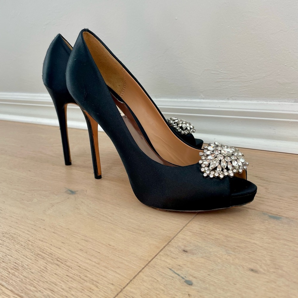 Badgley Mischka Black Satin Heels with Crystal Detail